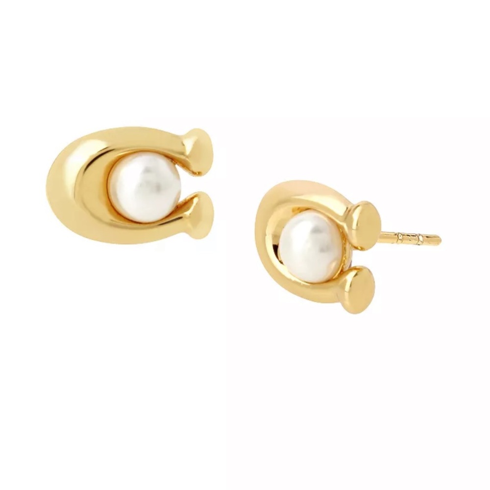 Coach Faux Pearl Gold C Stud Earrings, NWT - Picture 2 of 14